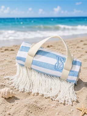 Victoria's Secret Blue & White Striped Beach Blanket w/ Carry Handles 64" × 34"
